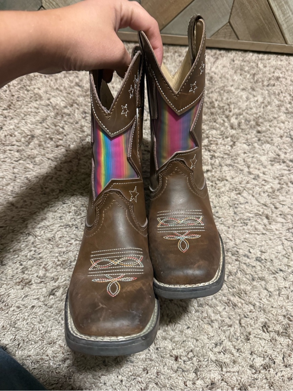 Shyanne Brown Kids Cowboy Boots with Rainbow Shaft Accent